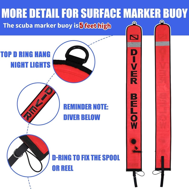 JUSTOOP Store 5ft Surface Marker Buoy Set, Inflatable Scuba Signal Tube with Reflective Strip, Scuba Diving Open Bottom Float (SMB) for Underwater Diving Snorkeling with 100ft Diving Spool Reel and Clip - Image 5